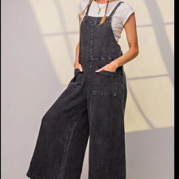 🏷️EASEL Washed Cotton Jumper Overalls Soft Black 1X - Picture 2 of 8
